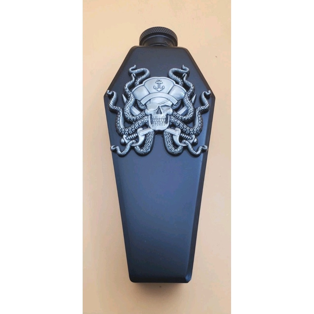 Gothic Hip Pocket Flask Metal Black With Pirate Medallions Coffin Flask
